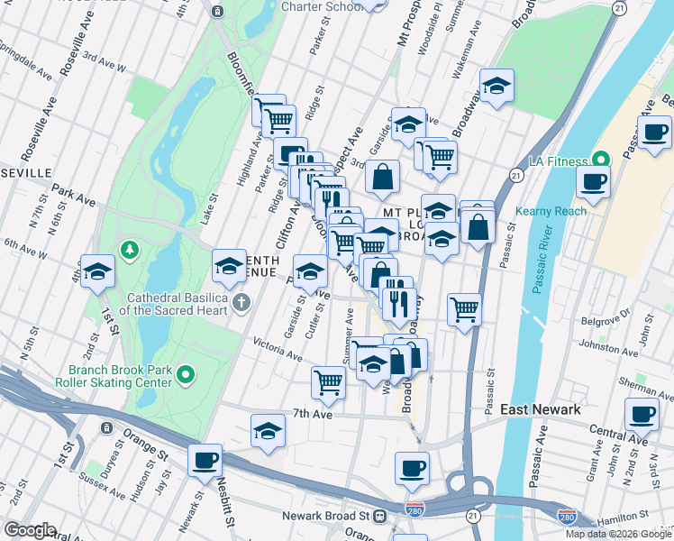 map of restaurants, bars, coffee shops, grocery stores, and more near 93 Bloomfield Avenue in Newark