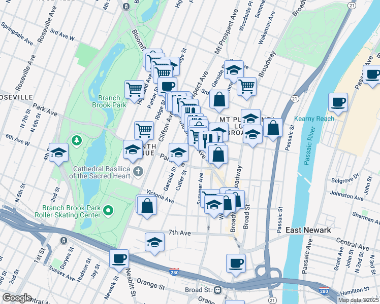 map of restaurants, bars, coffee shops, grocery stores, and more near 151 Garside Street in Newark