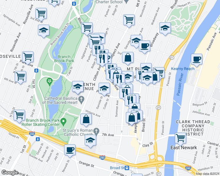 map of restaurants, bars, coffee shops, grocery stores, and more near 151 Garside Street in Newark