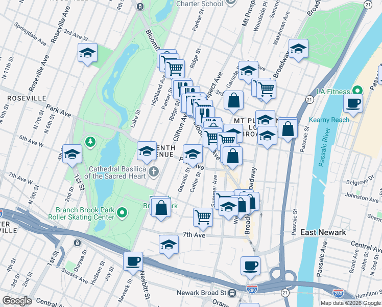 map of restaurants, bars, coffee shops, grocery stores, and more near 151 Garside Street in Newark
