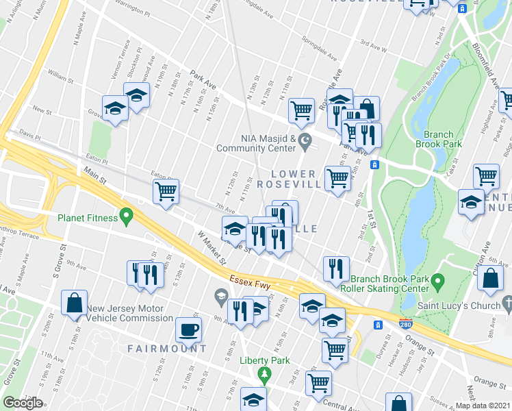 map of restaurants, bars, coffee shops, grocery stores, and more near 45-47 North 11th Street in Newark