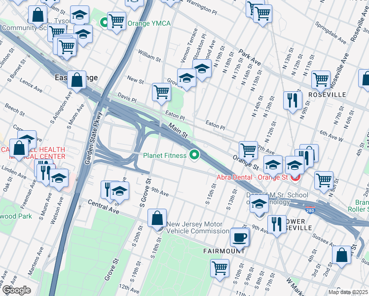 map of restaurants, bars, coffee shops, grocery stores, and more near 19 Freeway Drive East in East Orange