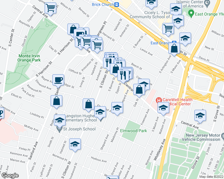 map of restaurants, bars, coffee shops, grocery stores, and more near 242 South Burnet Street in East Orange