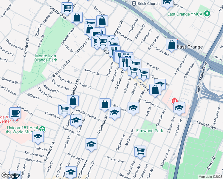 map of restaurants, bars, coffee shops, grocery stores, and more near 259 Amherst Street in East Orange