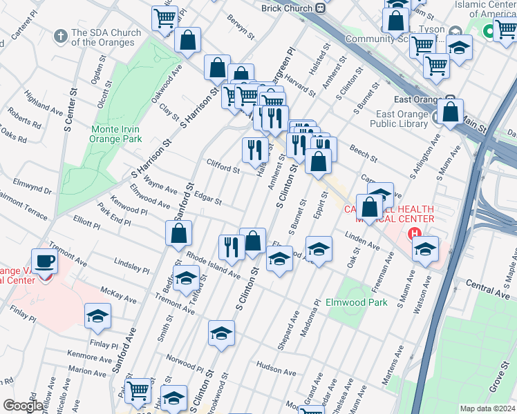map of restaurants, bars, coffee shops, grocery stores, and more near 259 Amherst Street in East Orange