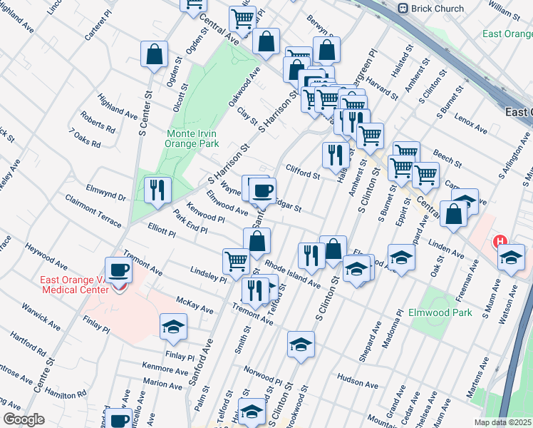 map of restaurants, bars, coffee shops, grocery stores, and more near 150 Sanford Street in East Orange