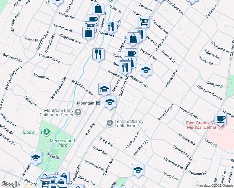 map of restaurants, bars, coffee shops, grocery stores, and more near 65 Randolph Place in West Orange