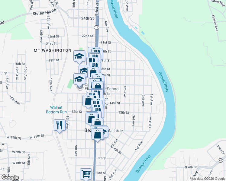 map of restaurants, bars, coffee shops, grocery stores, and more near 1518 6th Avenue in Beaver Falls