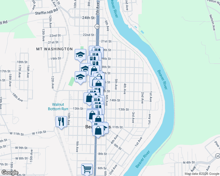 map of restaurants, bars, coffee shops, grocery stores, and more near 1518 6th Avenue in Beaver Falls