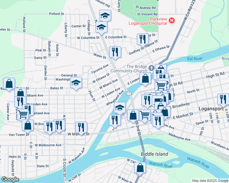 map of restaurants, bars, coffee shops, grocery stores, and more near 701-749 Vandalia Street in Logansport