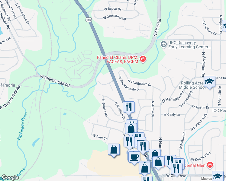 map of restaurants, bars, coffee shops, grocery stores, and more near in Peoria