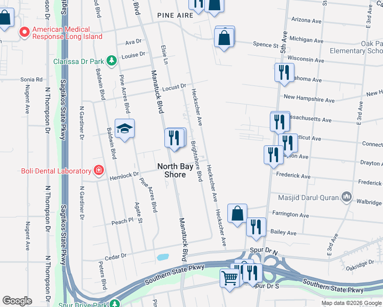 map of restaurants, bars, coffee shops, grocery stores, and more near 1560 Brightshore Boulevard in Bay Shore