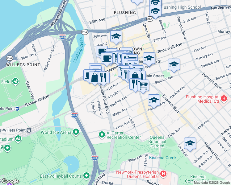 map of restaurants, bars, coffee shops, grocery stores, and more near 13261 41st Road in Queens