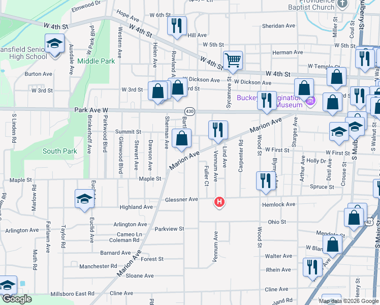 map of restaurants, bars, coffee shops, grocery stores, and more near 240 Marion Avenue in Mansfield