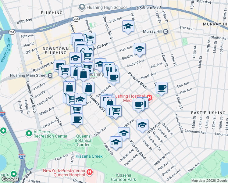 map of restaurants, bars, coffee shops, grocery stores, and more near 4192 Bowne Street in Queens