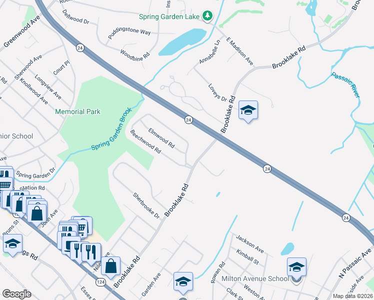 map of restaurants, bars, coffee shops, grocery stores, and more near 11 Beechwood Road in Florham Park