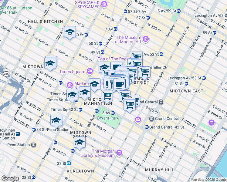 map of restaurants, bars, coffee shops, grocery stores, and more near 68 West 45th Street in New York