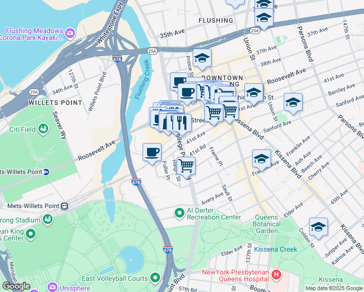 map of restaurants, bars, coffee shops, grocery stores, and more near in Queens