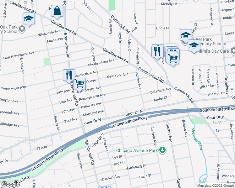 map of restaurants, bars, coffee shops, grocery stores, and more near 312 Pennsylvania Avenue in Bay Shore