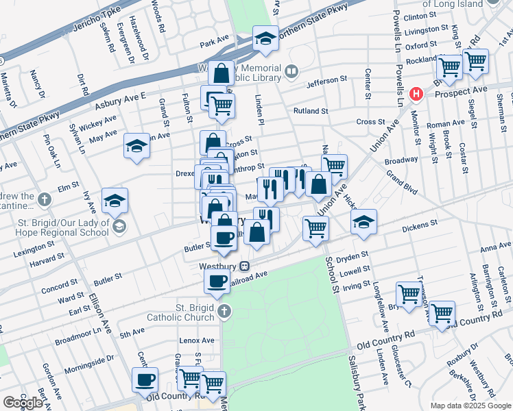 map of restaurants, bars, coffee shops, grocery stores, and more near 355 Maple Avenue in Westbury
