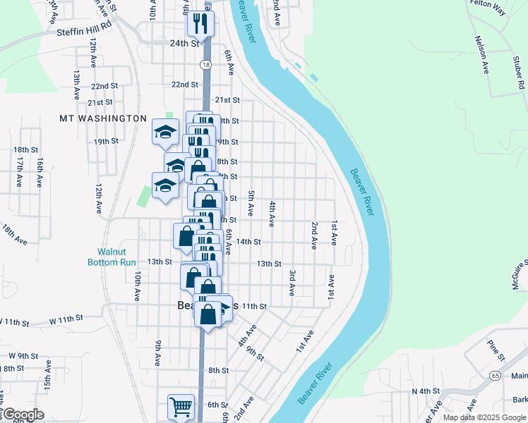 map of restaurants, bars, coffee shops, grocery stores, and more near 1511 4th Avenue in Beaver Falls