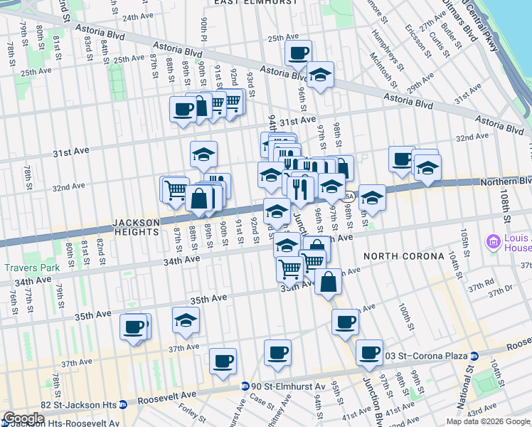map of restaurants, bars, coffee shops, grocery stores, and more near 33-04 93rd Street in Queens