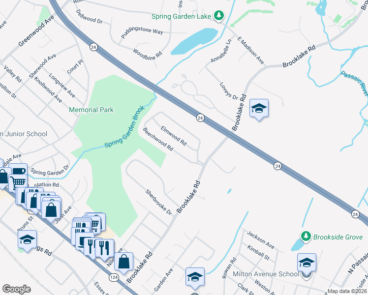 map of restaurants, bars, coffee shops, grocery stores, and more near 10 Elmwood Road in Florham Park