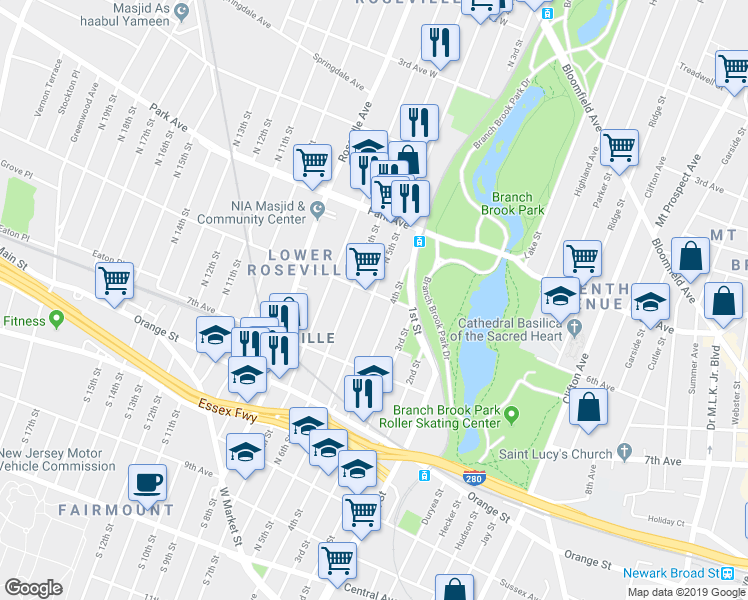 map of restaurants, bars, coffee shops, grocery stores, and more near 232 6th Avenue West in Newark