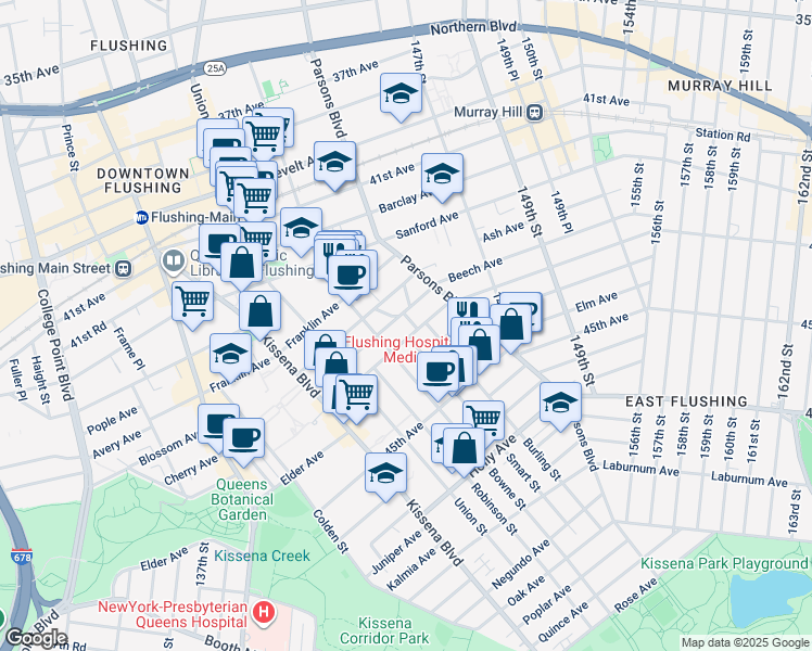 map of restaurants, bars, coffee shops, grocery stores, and more near 42-69 Phlox Place in Queens