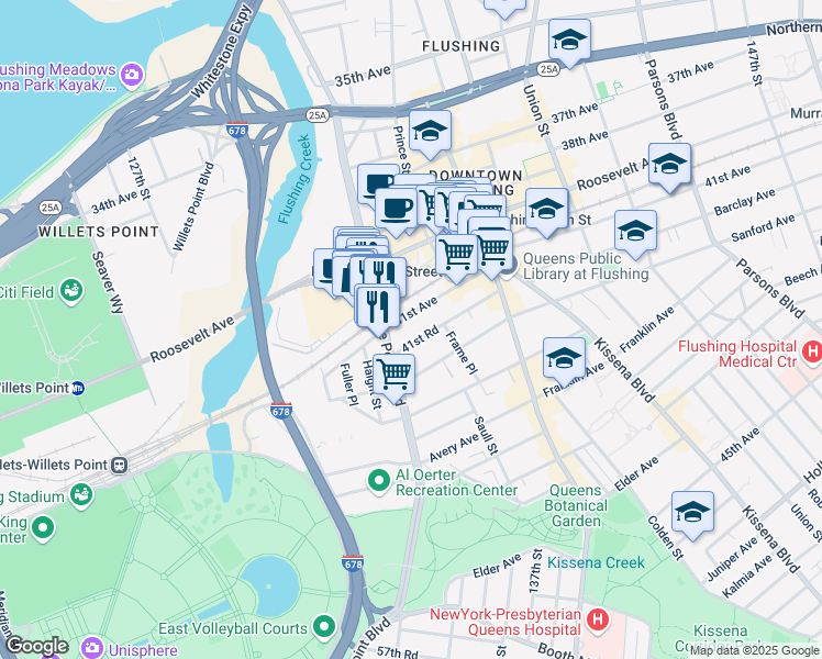 map of restaurants, bars, coffee shops, grocery stores, and more near 132-24 41st Avenue in Queens