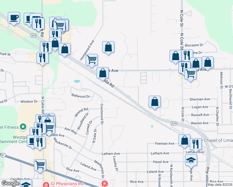 map of restaurants, bars, coffee shops, grocery stores, and more near 1807 Elida Road in Lima