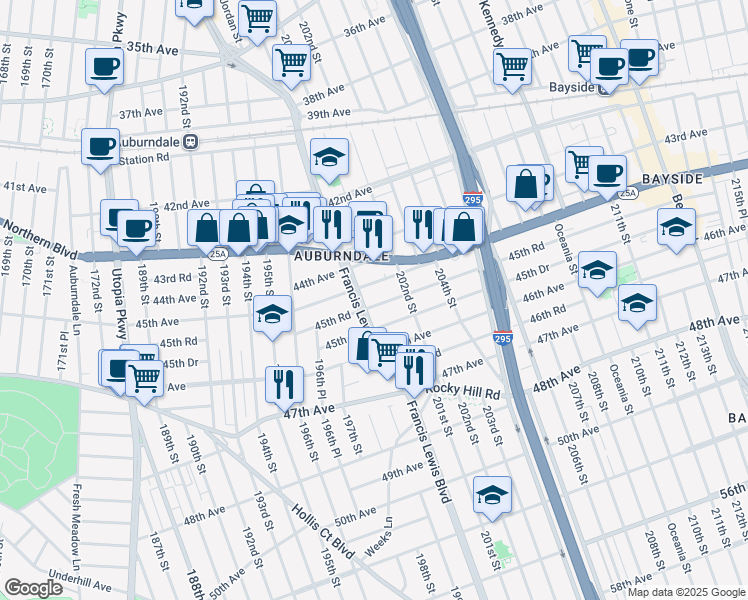 map of restaurants, bars, coffee shops, grocery stores, and more near 200-11 45th Road in Queens