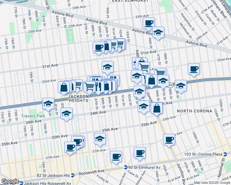 map of restaurants, bars, coffee shops, grocery stores, and more near 33-05 90th Street in Queens