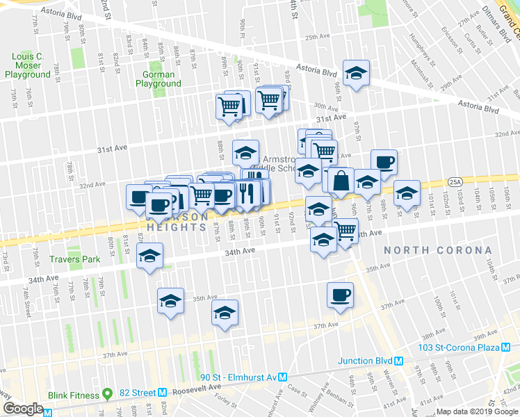 map of restaurants, bars, coffee shops, grocery stores, and more near 89-21 Northern Boulevard in Queens
