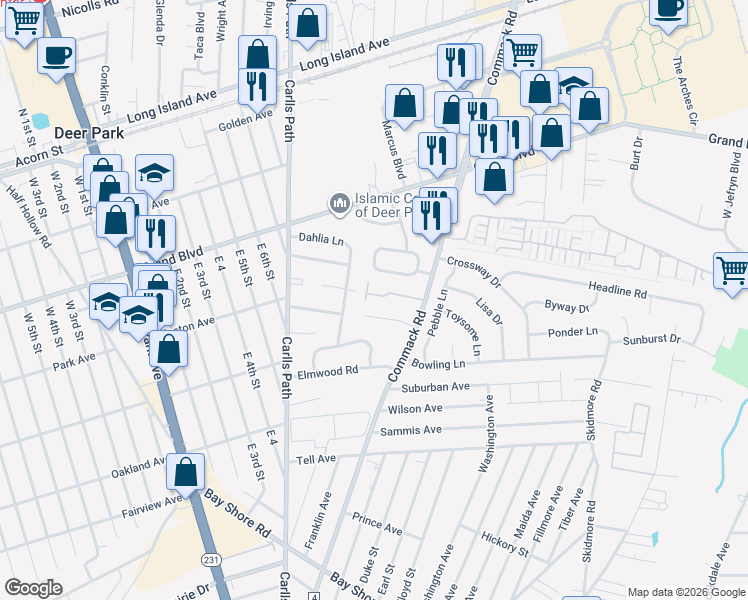 map of restaurants, bars, coffee shops, grocery stores, and more near 33613 Commack Road in Deer Park