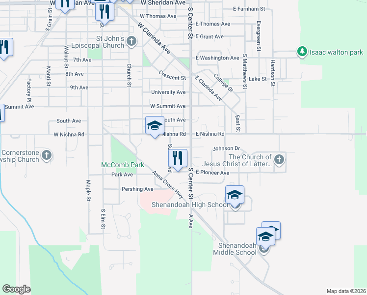 map of restaurants, bars, coffee shops, grocery stores, and more near 101 Colonial Avenue in Shenandoah