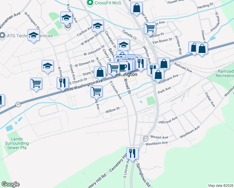 map of restaurants, bars, coffee shops, grocery stores, and more near 45 South Lincoln Avenue in Washington