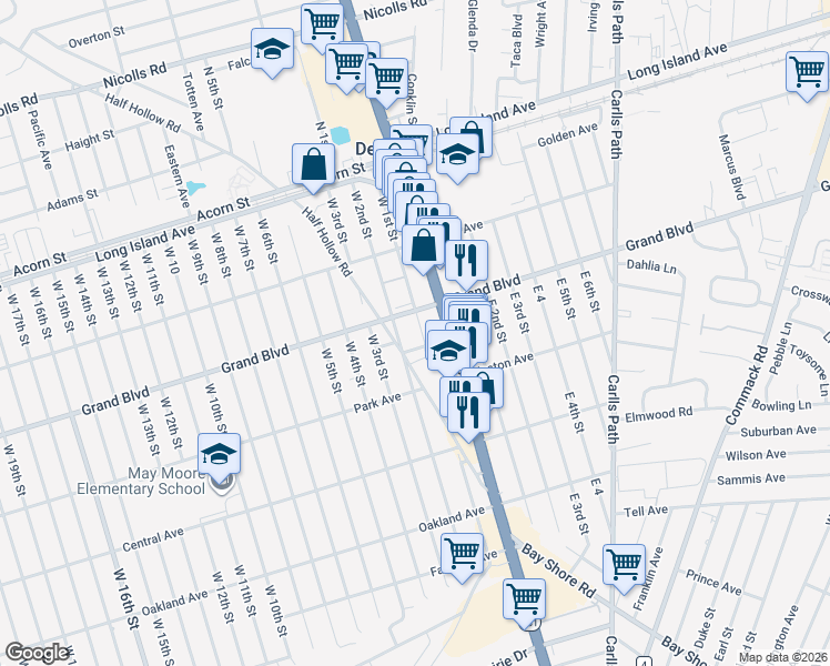 map of restaurants, bars, coffee shops, grocery stores, and more near 121 West 2nd Street in Deer Park