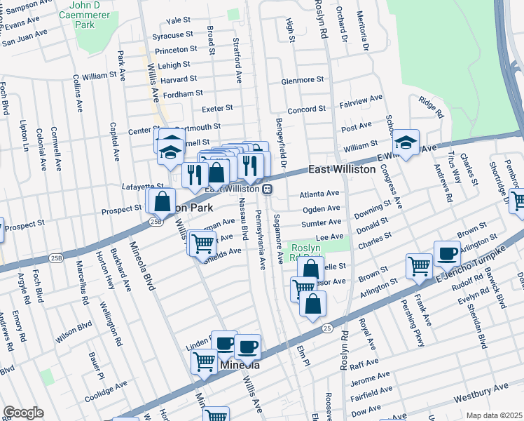 map of restaurants, bars, coffee shops, grocery stores, and more near 502 Pennsylvania Avenue in Williston Park