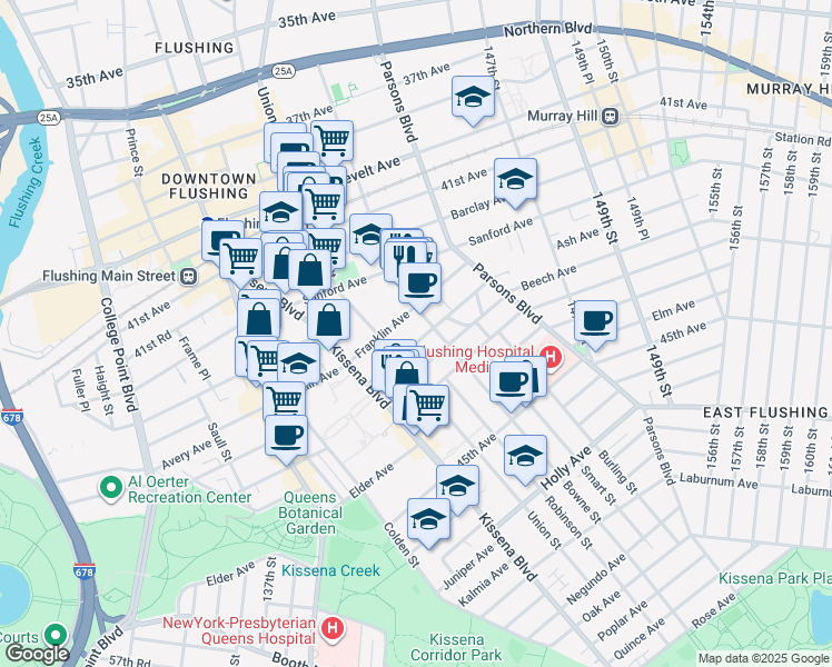 map of restaurants, bars, coffee shops, grocery stores, and more near 4192 Bowne Street in Queens