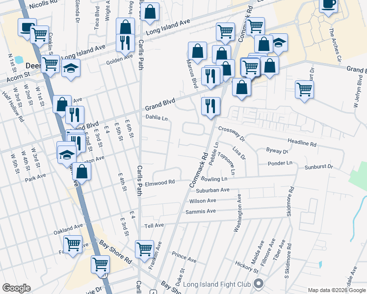 map of restaurants, bars, coffee shops, grocery stores, and more near 33613 Commack Road in Deer Park