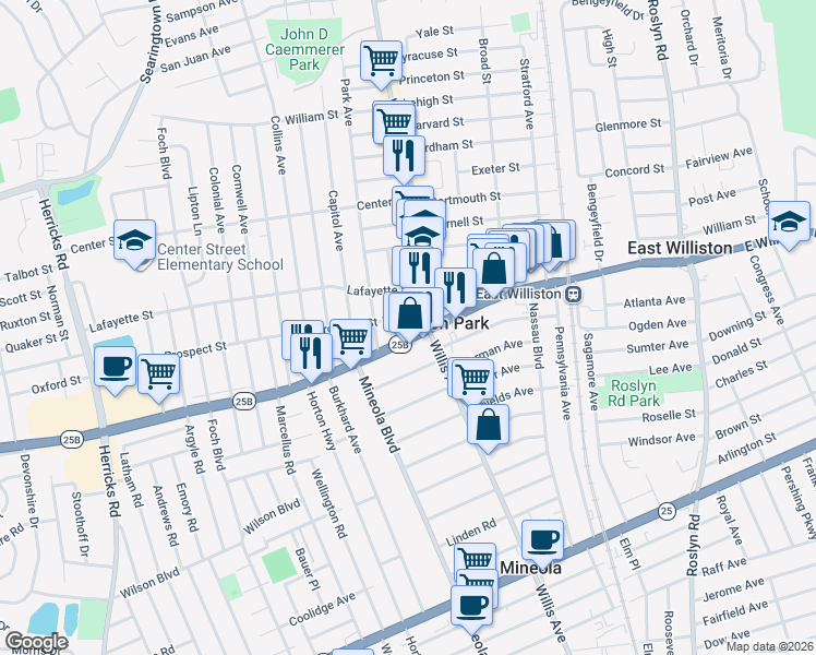 map of restaurants, bars, coffee shops, grocery stores, and more near in Williston Park