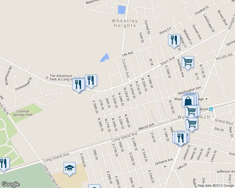 map of restaurants, bars, coffee shops, grocery stores, and more near 176 North 24th Street in Wyandanch