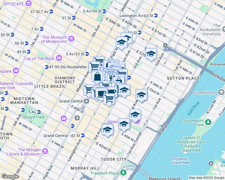 map of restaurants, bars, coffee shops, grocery stores, and more near 570 Lexington Avenue in New York