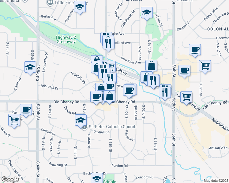 map of restaurants, bars, coffee shops, grocery stores, and more near 5609 South 49th Street in Lincoln