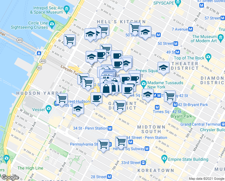 map of restaurants, bars, coffee shops, grocery stores, and more near 343 West 39th Street in New York