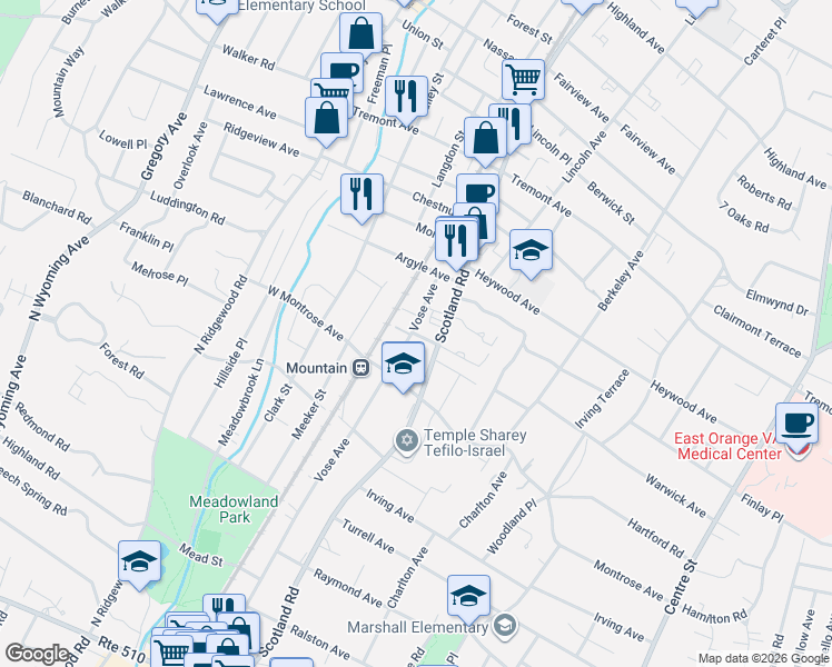 map of restaurants, bars, coffee shops, grocery stores, and more near 533 Vose Avenue in South Orange