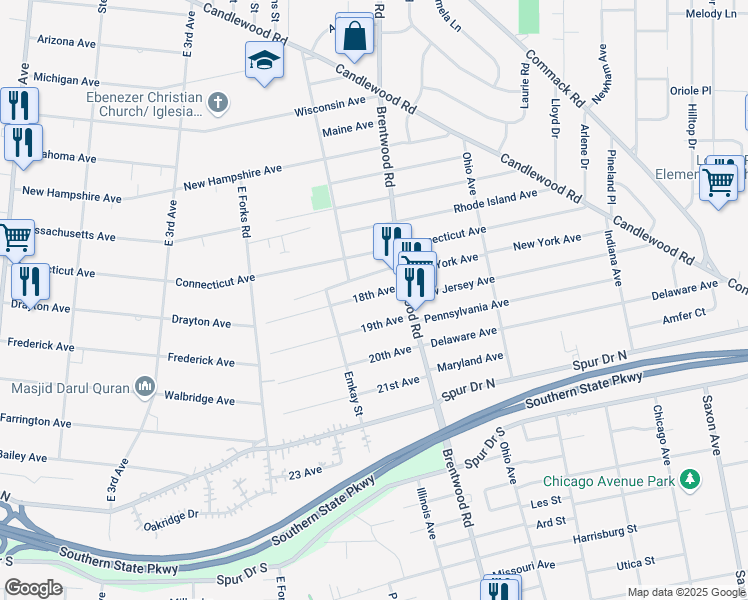 map of restaurants, bars, coffee shops, grocery stores, and more near 38 18th Avenue in Bay Shore