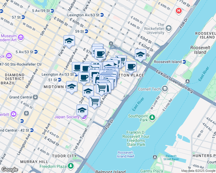 map of restaurants, bars, coffee shops, grocery stores, and more near 380 East 54th Street in New York