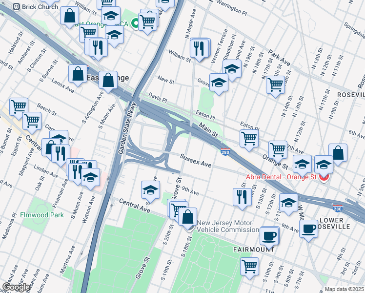 map of restaurants, bars, coffee shops, grocery stores, and more near 25 South Grove Street in East Orange